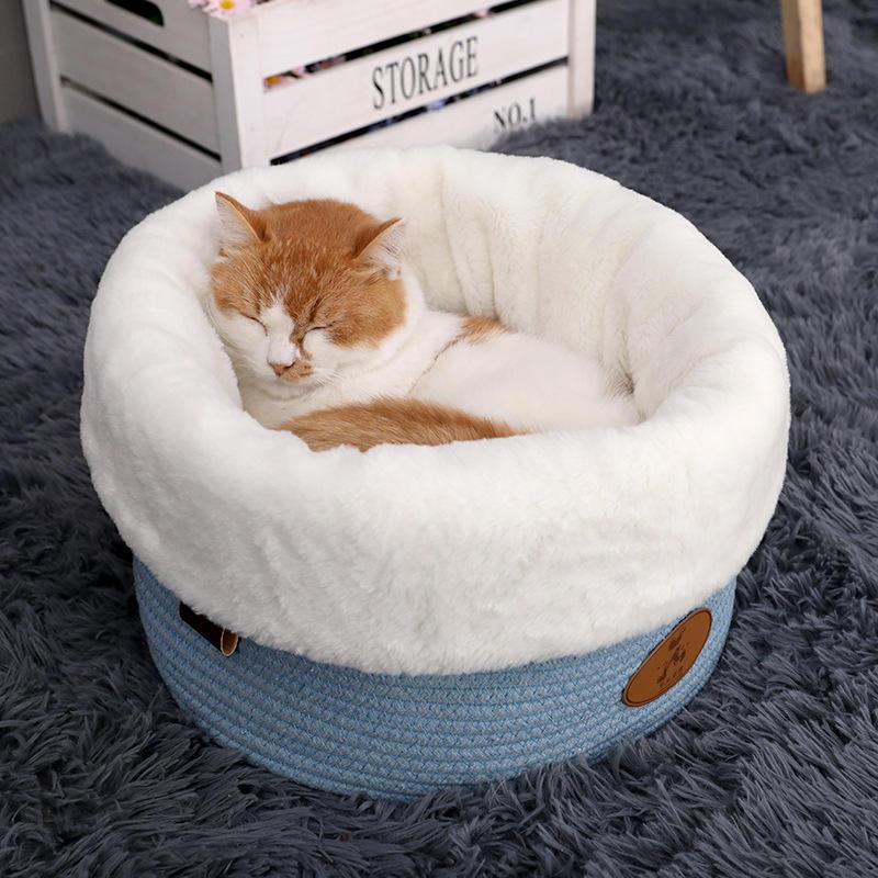 Wholesale Factory Manufactured Round Pet Dog Cat Bed With Pompon Cotton Pet House Cat Beds