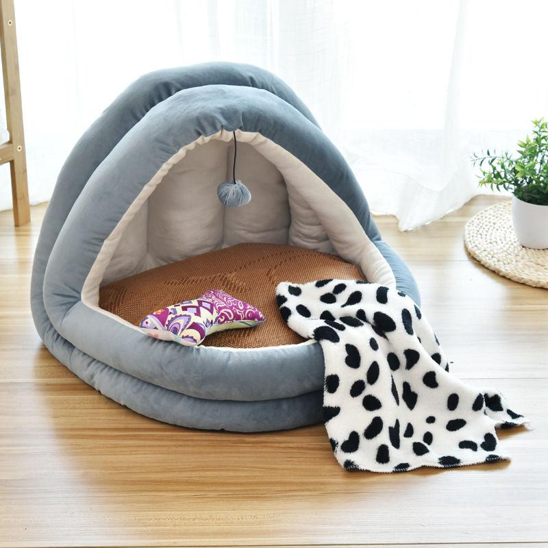 Cat Bed Kennel Comfortable Lying Mats Pet House Triangle Half Tent With Hanging Ball