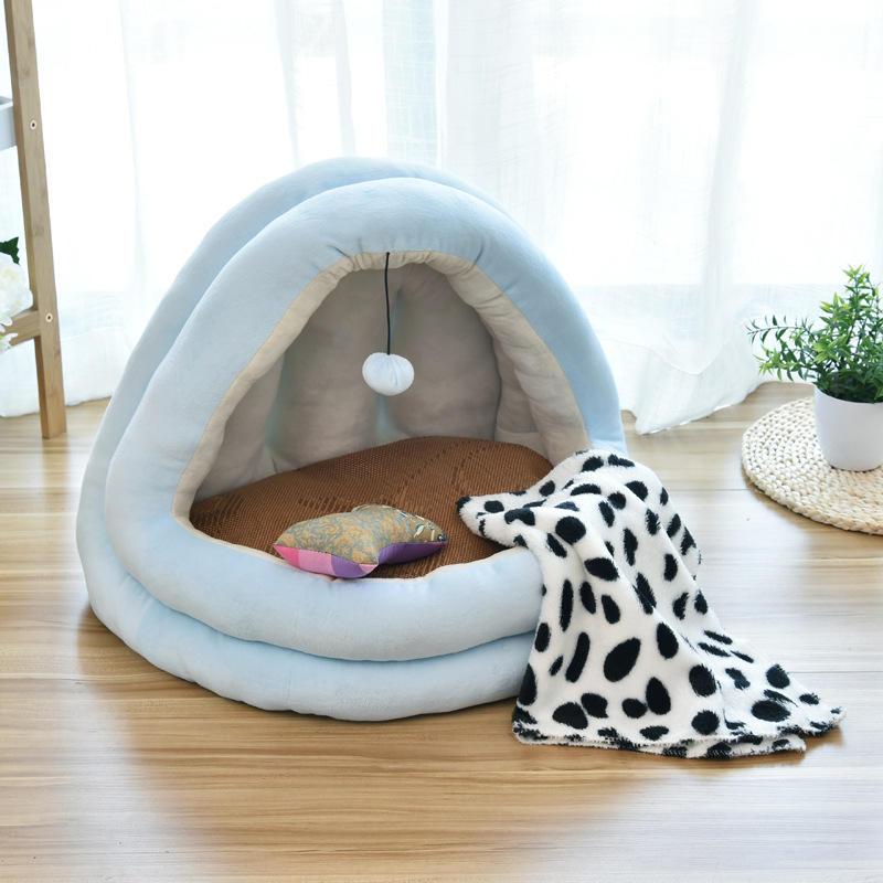 Cat Bed Kennel Comfortable Lying Mats Pet House Triangle Half Tent With Hanging Ball