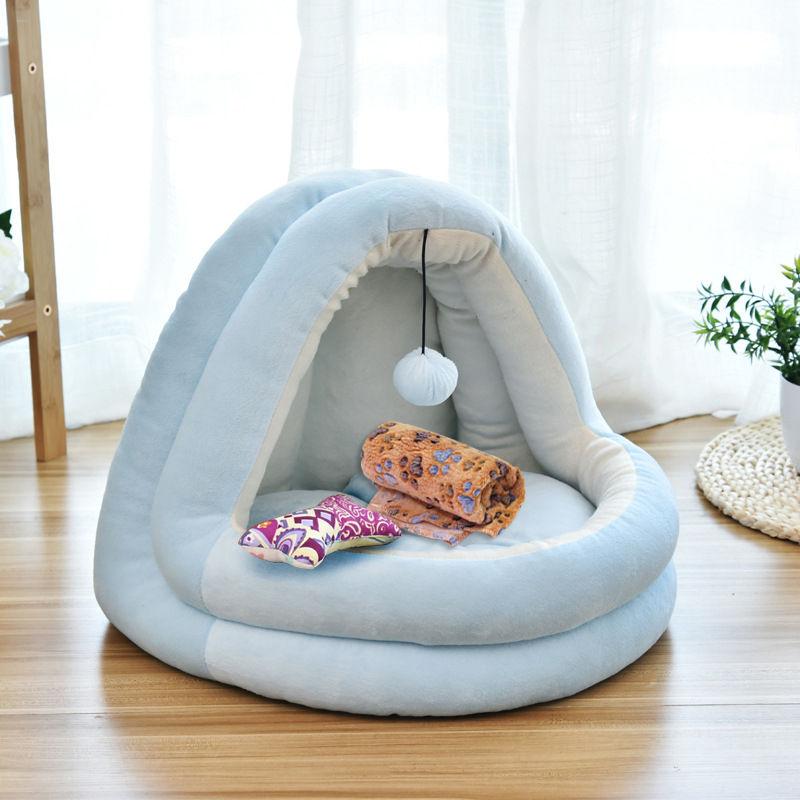 Cat Bed Kennel Comfortable Lying Mats Pet House Triangle Half Tent With Hanging Ball