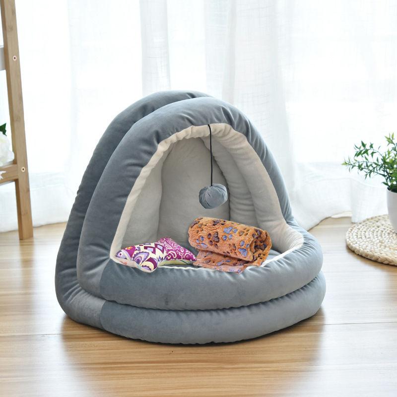 Cat Bed Kennel Comfortable Lying Mats Pet House Triangle Half Tent With Hanging Ball