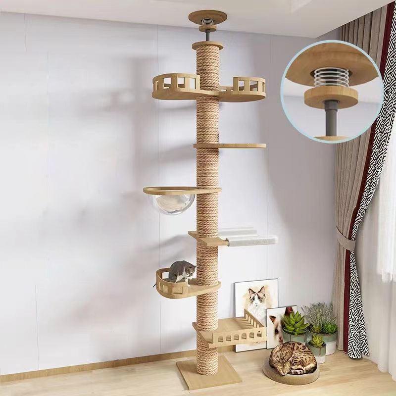 Solid Wood Floor-to-ceiling Cat Climbing Frame Space Capsule Jumping Platform Cat Tree Condo Furniture Scratch Post Pet House