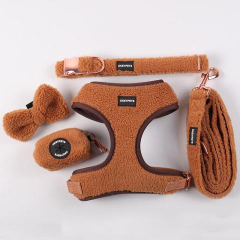 Custom Color Padded Mesh Pet Harness Vest Winter Warm Brown Adjustable Sherpa Dog Harness Collar Leash Set