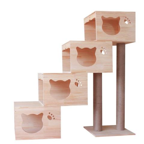 Multi-level Platform Wooden Cat Scratching Tree Natural Cat Tree With Hammock Luxury Cat Tower